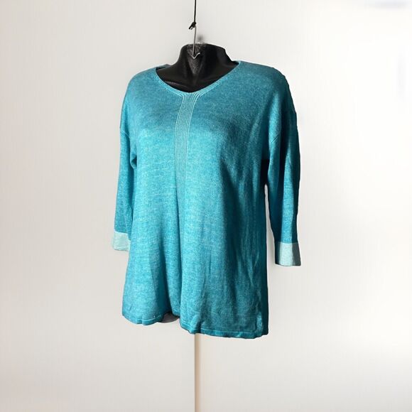 Chico's‎ V-Neck Turquoise 3/4 Sleeve Acrylic Tunic Sweater Size 2 (12-14) - Picture 1 of 7